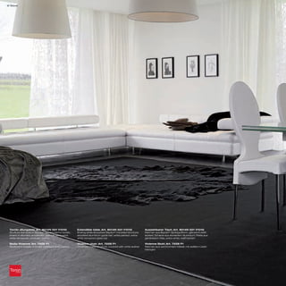 6 Wave




 Tavolo allungabile_Art. 8014N 501 V101G                  Extendible table_Art. 8014N 501 V101G                 Ausziehbarer Tisch_Art. 8014N 501 V101G
 Struttura stampata in Baydur® laccata bianco lucido;     Shining white lacquered Baydur®-moulded structure;    Rahmen aus Baydur®-Spritzgußform, glänzend weiß
 binario in alluminio anodizzato; piano in vetro extra    anodized aluminium guide bar; white painted extra-    lackiert; Schiene aus eloxiertem Aluminium; Platte aus
 white temperato verniciato bianco                        white tempered glass top                              gehärtetem Glas, extra-white, weiß lackiert

 Sedia Vivienne_Art. 7258 P1                              Vivienne chair_Art. 7258 P1                           Vivienne Stuhl_Art. 7258 P1
 Struttura in metallo cromato rivestita in pelle bianca   Chromed metal structure, covered with white leather   Rahmen aus verchromtem Metall, mit weißem Leder
                                                                                                                bezogen
 