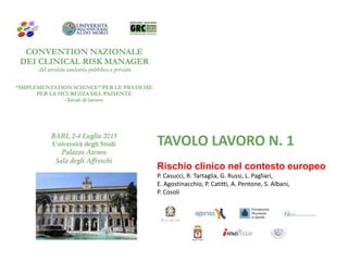 TAVOLO LAVORO N. 1
Rischio clinico nel contesto europeo
P. Casucci, R. Tartaglia, G. Russi, L. Pagliari,
E. Agostinacchio, P. Catitti, A. Pentone, S. Albani,
P. Cosoli
 
