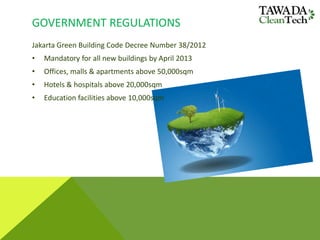 GOVERNMENT REGULATIONS
Jakarta Green Building Code Decree Number 38/2012
• Mandatory for all new buildings by April 2013
• Offices, malls & apartments above 50,000sqm
• Hotels & hospitals above 20,000sqm
• Education facilities above 10,000sqm
 
