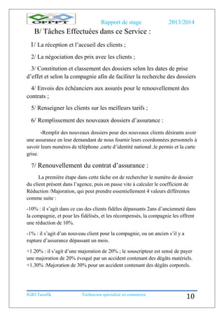 Rapport de stage 2013/2014
IGRI Taoufik Technicien spécialisé en commerce
10
B/ Tâches Effectuées dans ce Service :
1/ La réception et l’accueil des clients ;
2/ La négociation des prix avec les clients ;
3/ Constitution et classement des dossiers selon les dates de prise
d’effet et selon la compagnie afin de faciliter la recherche des dossiers
4/ Envois des échéanciers aux assurés pour le renouvellement des
contrats ;
5/ Renseigner les clients sur les meilleurs tarifs ;
6/ Remplissement des nouveaux dossiers d’assurance :
-Remplir des nouveaux dossiers pour des nouveaux clients désirants avoir
une assurance en leur demandant de nous fournir leurs coordonnées personnels à
savoir leurs numéros de téléphone ,carte d’identité national ,le permis et la carte
grise.
7/ Renouvellement du contrat d’assurance :
La première étape dans cette tâche est de rechercher le numéro de dossier
du client présent dans l’agence, puis on passe vite à calculer le coefficient de
Réduction /Majoration, qui peut prendre essentiellement 4 valeurs différentes
comme suite :
-10% : il s’agit dans ce cas des clients fidèles dépassants 2ans d’ancienneté dans
la compagnie, et pour les fidélisés, et les récompensés, la compagnie les offrent
une réduction de 10%.
-1% : il s’agit d’un nouveau client pour la compagnie, ou un ancien s’il y a
rupture d’assurance dépassant un mois.
+1.20% : il s’agit d’une majoration de 20% ; le souscripteur est sensé de payer
une majoration de 20% évoqué par un accident contenant des dégâts matériels.
+1.30% :Majoration de 30% pour un accident contenant des dégâts corporels.
 