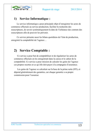Rapport de stage 2013/2014
IGRI Taoufik Technicien spécialisé en commerce
13
1) Service Informatique :
Le service informatique a pour principale objet d’enregistrer les actes de
commerce effectués au service production, faciliter la recherche des
souscripteurs, de savoir systématiquement la date de l’échéance des contrats des
souscripteurs afin de pouvoir les prévenir.
Ce service présente aussi les bilans quotidiens de l’état de production,
enregistré la comptabilité de l’agence…
2) Service Comptable :
Ce service a pour but de comptabiliser et de régulariser les actes de
commerce effectués en les enregistrant dans la caisse et le cahier de la
comptabilité. Ce service a pour mission de calculer les gains de l’agence
ces propres recettes et ce qu’elle doit payer à la compagnie d’assurance.
Les gains de l’agence se calculent sur la base de la prime nette (HT), et
dépend généralement des garanties, car chaque garantie a sa propre
commission pour l’assureur.
 