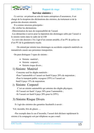 Rapport de stage 2013/2014
IGRI Taoufik Technicien spécialisé en commerce
15
Service sinistre :
Ce service est présent au sein de toutes entreprises d’assurances, il est
chargé de la réception des déclarations des sinistres, du traitement et de la
gestion des dossiers sinistrés.
Il a comme missions principales :
- De vérifier les déclarations
-Détermination du taux de responsabilité de l’assuré
-Les démarches à suivre pour la réparation des dommages subis par l’assuré si
le sinistre rentre dans le cadre de la CID
-Le suivi des dossiers s’ils s’agit d’un constat amiable, d’un PV de police ou
d’un PV de la gendarmerie royale.
On entend par sinistre tous dommages ou accidents corporels matériels ou
immatériels causés aux personnes transportées.
On peut distinguer 3 types de sinistre :
 Sinistre matériel ;
 Sinistre corporel ;
 Sinistre risque divers ;
1) Sinistre Matériel
Concerne seul les dégâts matériels :
-Pour l’automobile si l`assuré est fautif il paye 20% de majoration ;
-Pour le transport public voyageur (TPV) si l’assuré est
fautif il paye 15% de majoration.
2) Sinistre Corporel
C’est un sinistre automobile qui entraine des dégâts physiques.
-Si l’assuré est fautif il paye 30% pour l’automobile ;
-Si l’assuré est fautif il paye 20% pour le (TPV).
3) Sinistre Risque Divers
Il s’agit des sinistres des garanties facultatifs à savoir :
Vol, incendie, bris de glaces …
-Par exemple dans le cas d’incendie, l’assuré doit déclarer rapidement le
sinistre à la compagnie soit par téléphone ou par e-mail.
 