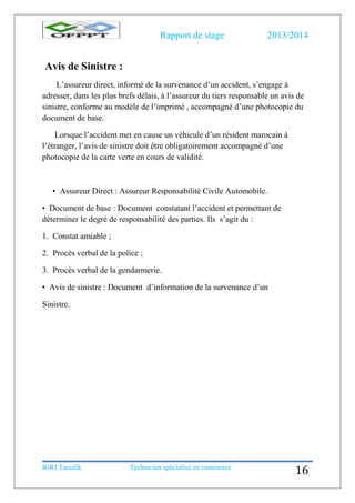Rapport de stage 2013/2014
IGRI Taoufik Technicien spécialisé en commerce
16
Avis de Sinistre :
L’assureur direct, informé de la survenance d’un accident, s’engage à
adresser, dans les plus brefs délais, à l’assureur du tiers responsable un avis de
sinistre, conforme au modèle de l’imprimé , accompagné d’une photocopie du
document de base.
Lorsque l’accident met en cause un véhicule d’un résident marocain à
l’étranger, l’avis de sinistre doit être obligatoirement accompagné d’une
photocopie de la carte verte en cours de validité.
• Assureur Direct : Assureur Responsabilité Civile Automobile.
• Document de base : Document constatant l’accident et permettant de
déterminer le degré de responsabilité des parties. Ils s’agit du :
1. Constat amiable ;
2. Procès verbal de la police ;
3. Procès verbal de la gendarmerie.
• Avis de sinistre : Document d’information de la survenance d’un
Sinistre.
 