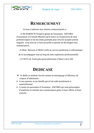 Rapport de stage 2013/2014
IGRI Taoufik Technicien spécialisé en commerce
2
REMERCIEMENT
Je tiens à adresser mes sincères remerciements à :
-A Mr BAROUTI Fouad le gérant de l'assurance ASCOBA
(Assurances et Conseils Barouti) qu'il trouve ici l'expression de mon
profond respect et de ma totale gratitude pour m'avoir accepté comme
stagiaire et de m'avoir si bien accueillit et permet de développer mes
connaissances.
-A Mme Meryem et Melle Latifa au service production et informatique
de m’accompagner tout au long de cette expérience professionnelle.
- A l’ISTA de Tiznit plus particulièrement à Mme I.ALLAM.
DEDICASE
 Je dédie ce modeste travail comme un témoignage d’affection, de
respect, d’admiration :
 A mes parents, et ma famille qui m’ont aidé moralement et
matériellement.
 A toutes les personnes d’Assurance ASCOBA qui sont préoccupées
d’améliorer et enrichir mes connaissances grâce à leurs efforts et leurs
conseils.
 