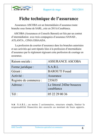 Rapport de stage 2013/2014
IGRI Taoufik Technicien spécialisé en commerce
4
Fiche technique de l’assurance
Assurances ASCOBA est un Intermédiaire d’assurance toute
branche sous forme de SARL, crée en 2011à Casablanca.
ASCOBA (Assurances et Conseils Barouti) est liée par un contrat
d’intermédiation avec trois compagnies d’assurance SANAD ,
ATLANTA , CINIA ESSAADA.
La profession du courtier d’assurance dans les branches autorisées
et aux activités qui sont réputés liées à la profession d’intermédiaire
d’assurance par le règlement régissant cette profession de courtage en
assurance.
Raison sociale : ASSURANCE ASCOBA
Forme juridique : S.A.R.L
Gérant : BAROUTI Fouad
Activité : Assurance
Registre de commerce : 235655
Adresse : Le littoral 24Dar bouazza
casablanca
Tél : 05 22 29 00 36
N.B : S.A.R.L ; au moins 2 actionnaires, structure simple, limiter la
responsabilité financière des associés au montant de leurs apports.
 