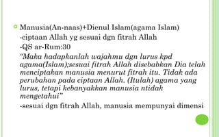    Manusia(An-naas)+Dienul Islam(agama Islam)
    -ciptaan Allah yg sesuai dgn fitrah Allah
    -QS ar-Rum:30
    “Maka hadapkanlah wajahmu dgn lurus kpd
    agama(Islam);sesuai fitrah Allah disebabkan Dia telah
    menciptakan manusia menurut fitrah itu. Tidak ada
    perubahan pada ciptaan Allah. (Itulah) agama yang
    lurus, tetapi kebanyakkan manusia ntidak
    mengetahui”
    -sesuai dgn fitrah Allah, manusia mempunyai dimensi
 