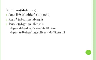 Santapan(Makanan):
1. Jasadi(al-ghiza’ al-jasadi)

2. Aqli(al-ghiza’ al-aqli)

3. Ruh(al-ghiza’ al-ruhi)
  -lapar al-Aqal lebih mudah dikesan
  -lapar ar-Ruh paling sulit untuk diketahui
 