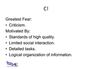 C!
Greatest Fear:
• Criticism.
Motivated By:
• Standards of high quality.
• Limited social interaction.
• Detailed tasks.
• Logical organization of information.
 
