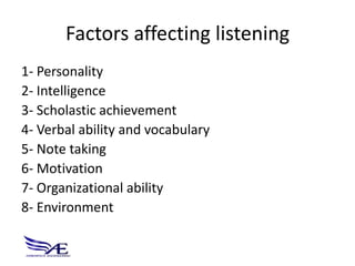 Factors affecting listening
1- Personality
2- Intelligence
3- Scholastic achievement
4- Verbal ability and vocabulary
5- Note taking
6- Motivation
7- Organizational ability
8- Environment
 