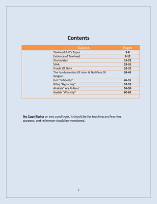 Contents
                                         Subject                           Pages
                      Tawheed & It’s Types                                  3-8
                      Evidence of Tawheed                                  9-12
                      Shahadatan                                           16-22
                      Shirk                                                23-31
                      Proofs Of Shirk                                      32-37
                      The Fundamentals Of Islam & Nullifiers Of            38-45
                      Religion
                      Kufr “Infidelity”                                    46-51
                      Nifaq “Hypocrisy”                                    52-55
                      Al-Wala’ Wa Al-Bara’                                 56-59
                      Ibadah “Worship”                                     60-62




No Copy Rights on two conditions, it should be for teaching and learning
purpose, and reference should be mentioned.




                                         2
 