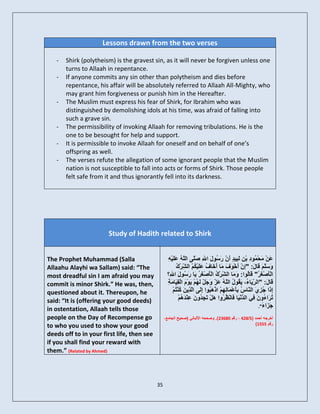 Lessons drawn from the two verses

   -   Shirk (polytheism) is the gravest sin, as it will never be forgiven unless one
       turns to Allaah in repentance.
   -   If anyone commits any sin other than polytheism and dies before
       repentance, his affair will be absolutely referred to Allaah All-Mighty, who
       may grant him forgiveness or punish him in the Hereafter.
   -   The Muslim must express his fear of Shirk, for Ibrahim who was
       distinguished by demolishing idols at his time, was afraid of falling into
       such a grave sin.
   -   The permissibility of invoking Allaah for removing tribulations. He is the
       one to be besought for help and support.
   -   It is permissible to invoke Allaah for oneself and on behalf of one’s
       offspring as well.
   -   The verses refute the allegation of some ignorant people that the Muslim
       nation is not susceptible to fall into acts or forms of Shirk. Those people
       felt safe from it and thus ignorantly fell into its darkness.




                       Study of Hadith related to Shirk


The Prophet Muhammad (Salla                       ٔ َ ‫ع ٍ َ د ِ َج ذ أ َ سع ه هلل َ َ َٔ ع‬
                                                  ِ ْٞ‫َِْ َحْ ُ٘ ِ ثْ ِ ى ِٞ ٍ َ ّ َ ُ٘ َ ا ِ صّٚ اىّ ُ َي‬
                                                               ‫ي ي‬                      ُ
Allaahu Alayhi wa Sallam) said: “The                     ‫ِ ك‬
                                                         ُ ْ‫َعّ َ َب َ: "ِ ّ َخَْ٘فَ َب َ َب ُ َيْٞ ٌُْ اى ّش‬
                                                              ‫ٍ أخ ف ع َ ن ش‬                     ‫ٗ َ ٌَ ق ه إ َ أ‬
                                                                                                   ُ              ‫ي‬
most dreadful sin I am afraid you may             ‫اىْؤصْغَ ُ" َبُ٘ا: َٗ َب اى ّشْ ُ اىْؤصْغَش َب َ ُ٘ َ ا ِ؟‬
                                                   ‫ٍ ِ ك َ ُ ٝ سع ه هلل‬               ‫ش‬               ‫َ ش قى‬
commit is minor Shirk.” He was, then,             ‫شٝ ء ٝق ه َٔ َ ٗ َ ٖ ْ ً ِٞ خ‬
                                                  ِ ٍَ‫َب َ: "اى ِّ َب ُ، َ ُ٘ ُ اىّ ُ عَ ّ َجَ ّ ىَ ٌُ َْٝ٘ َ اىْق َب‬
                                                                           ‫ي ض و‬                                    ‫قه‬
questioned about it. Thereupon, he                    ٌُْ ُْ َِِٝ ّ‫ِ َا ُ ِ َ اى ّب ُ ث َعْ َبىٌِِْٖ ارْ َ ُ٘ا إىَٚ ا‬
                                                        ‫ٕج ِ َز م ْز‬‫ى‬                      َ ‫إر جضٛ َ ط ِؤ‬
                                                                                                      ْ
said: “It is (offering your good deeds)                    ٌُْ َ ْْ‫ُ َا ُٗ َ ِٜ اى ّّ َب َبّْ ُ ُٗا َو َ ِ ُٗ َ ع‬
                                                             ٕ‫رش ء ُ ف ُ ْٞ ف ظش ٕ ْ رجذ ُ ِ ذ‬      ‫ذ‬
                                                                                                              ."ً ‫َ َا‬
                                                                                                                ‫جض ء‬
in ostentation, Allaah tells those
people on the Day of Recompense go               ،‫أخشجٔ أحَذ (5/824 ، سقٌ 08632). ٗصححٔ األىجبّٜ (صحٞح اىجبٍع‬
to who you used to show your good                                                                  )1555 ٌ‫سق‬

deeds off to in your first life, then see
if you shall find your reward with
them.” (Related by Ahmed)




                                            35
 