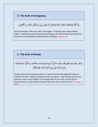 2. The Kufr of Arrogance.




And (remember) when we said to the angels: “Prostrate your selves before
Adam.” And they prostrated except Iblis (Satan), he refused and was proud and
was one of the disbelievers (disobedient to Allaah). Al-Baqara, V.34




    3. The Kufr of Doubt.




And he went into his garden while in a state (of pride and disbelief) unjust to
himself. He said: “I think not that this will ever perish. “And I think not the Hour
will ever come, and if indeed I am brought back to my Lord, (on the Day of
Resurrection), I surely shall find better than this when I return to Him.”– Al-Kahf, V.
35-38




                                           48
 
