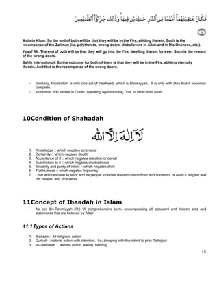 Muhsin Khan: So the end of both will be that they will be in the Fire, abiding therein. Such is the
recompense of the Zalimun (i.e. polytheists, wrong-doers, disbelievers in Allah and in His Oneness, etc.).
Yusuf Ali: The end of both will be that they will go into the Fire, dwelling therein for ever. Such is the reward
of the wrong-doers.
Sahih International: So the outcome for both of them is that they will be in the Fire, abiding eternally
therein. And that is the recompense of the wrong-doers.



   -    Similarly, Prostration is only one act of Tawheed, which is Uloohiyyah. It is only with Doa that it becomes
        complete.
   -    More than 500 verses in Quran, speaking against doing Doa to other than Allah.




10Condition of Shahadah




   1.   Knowledge :: which negates ignorance
   2.   Certainity :: which negates doubt
   3.   Acceptance of it :: which negates rejection or denial
   4.   Submission to it :: which negates disobedience
   5.   Sincerity and purity of intent :: which negates shirk
   6.   Truthfulness :: which negates hypocrisy
   7.   Love and devotion to shirk and its people includes disassociation from and contempt of Allah’s religion and
        His people, and vice versa.




11Concept of Ibaadah in Islam
   -    As per Ibn-Taymiyyah (R:) “A comprehensive term, encompassing all apparent and hidden acts and
        statements that are beloved by Allah”


11.1 Types of Actions
   1. Ibadaah :: All religious action
   2. Qurbah :: natural action with intention. I,e, sleeping with the intent to pray Tahajjud
   3. Mu-aamalah :: Natural action, eating, bathing.
                                                                                                                15
 