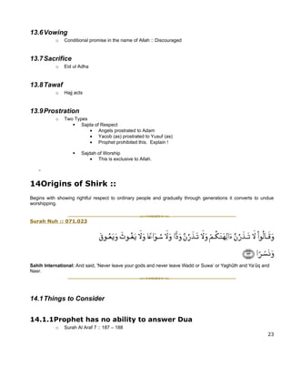 13.6 Vowing
           o   Conditional promise in the name of Allah :: Discouraged


13.7 Sacrifice
           o   Eid ul Adha


13.8 Tawaf
           o   Hajj acts


13.9 Prostration
           o   Two Types
                   Sajda of Respect
                         • Angels prostrated to Adam
                         • Yacob (as) prostrated to Yusuf (as)
                         • Prophet prohibited this. Explain !

                      Sajdah of Worship
                           • This is exclusive to Allah.

   -


14Origins of Shirk ::
Begins with showing rightful respect to ordinary people and gradually through generations it converts to undue
worshipping.


Surah Nuh :: 071.023




                                                                                            ̄          ̄
Sahih International: And said, 'Never leave your gods and never leave Wadd or Suwa‘ or Yaghuth and Ya‘uq and
Nasr.




14.1 Things to Consider


14.1.1Prophet has no ability to answer Dua
           o   Surah Al Araf 7 :: 187 – 188
                                                                                                           23
 