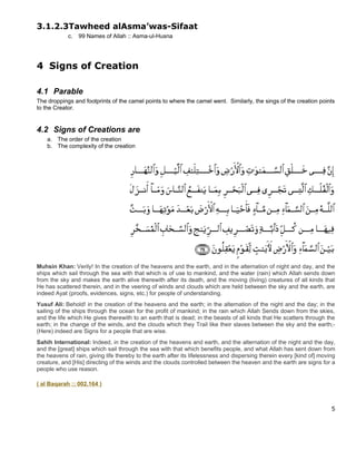3.1.2.3Tawheed alAsma’was-Sifaat
            c.   99 Names of Allah :: Asma-ul-Husna




4 Signs of Creation

4.1 Parable
The droppings and footprints of the camel points to where the camel went. Similarly, the sings of the creation points
to the Creator.


4.2 Signs of Creations are
    a. The order of the creation
    b. The complexity of the creation




Muhsin Khan: Verily! In the creation of the heavens and the earth, and in the alternation of night and day, and the
ships which sail through the sea with that which is of use to mankind, and the water (rain) which Allah sends down
from the sky and makes the earth alive therewith after its death, and the moving (living) creatures of all kinds that
He has scattered therein, and in the veering of winds and clouds which are held between the sky and the earth, are
indeed Ayat (proofs, evidences, signs, etc.) for people of understanding.
Yusuf Ali: Behold! in the creation of the heavens and the earth; in the alternation of the night and the day; in the
sailing of the ships through the ocean for the profit of mankind; in the rain which Allah Sends down from the skies,
and the life which He gives therewith to an earth that is dead; in the beasts of all kinds that He scatters through the
earth; in the change of the winds, and the clouds which they Trail like their slaves between the sky and the earth;-
(Here) indeed are Signs for a people that are wise.
Sahih International: Indeed, in the creation of the heavens and earth, and the alternation of the night and the day,
and the [great] ships which sail through the sea with that which benefits people, and what Allah has sent down from
the heavens of rain, giving life thereby to the earth after its lifelessness and dispersing therein every [kind of] moving
creature, and [His] directing of the winds and the clouds controlled between the heaven and the earth are signs for a
people who use reason.

( al Baqarah :: 002.164 )



                                                                                                                        5
 