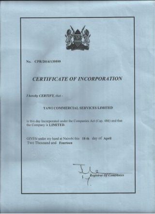 Tawi Commercial Services Limited Certificate of Incorporation