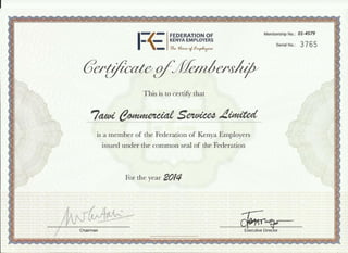 Tawi FKE Certificate of Membership 2014