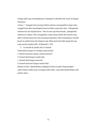 terdapat dalil yang menunjukkannya. Ketetapan itu dinaskh oleh al-qur`an dengan
firmannya :
Artinya : “ Sungguh kami (sering) melihat mukamu menengadah ke langit maka
sungguh kami akan memalingkan kamu ke kiblat yang kamu sukai . Palingkanlah
mukamu kea rah masjidil haram . Dan di mana saja kamu berada , palingkanlah
mukamu ke arahnya. Dan sesungguhnya orang orang (yahudi dan nasrani) yang
diberi al-Kitab (taurat dan injil) memang mengetahui, bahwa berpaling ke masjidil
haram itu adalah benar dari tuhannya dan Allah sekali kali tidak lengah dari apa
yang mereka kerjakan (QS. Al-Baqarah/2: 144)
4. As-Sunnah di nasakh oleh As-Sunnah
Naskh dalam kategori ini terdapat empat bentuk
a. Sunnah mutawatir dengan sunnah mutawatir
b. Sunnah ahad dengan sunnah ahad
c. Sunnah ahad dengan mutawatir
d. Sunnah mutawatir dengan sunnah ahad
Bentuk a,b dan c diperbolehkan sedangkan bentuk d terjadi silang pendapat
seperti halnya naskh al-qur`an dengan hadits ahad , yang tidak diperbolehkan oleh
jumhur ulama .
12
 