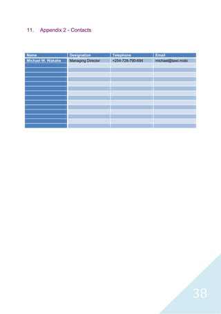 38
11. Appendix 2 - Contacts
Name Designation Telephone Email
Michael W. Wakahe Managing Director +254-728-790-694 michael@tawi.mobi
 