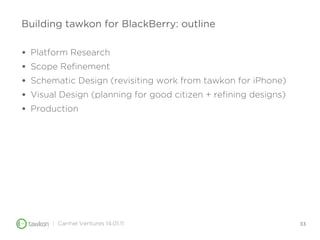 Building tawkon for BlackBerry: outline

•   Platform Research
•   Scope Reﬁnement
•   Schematic Design (revisiting work f...