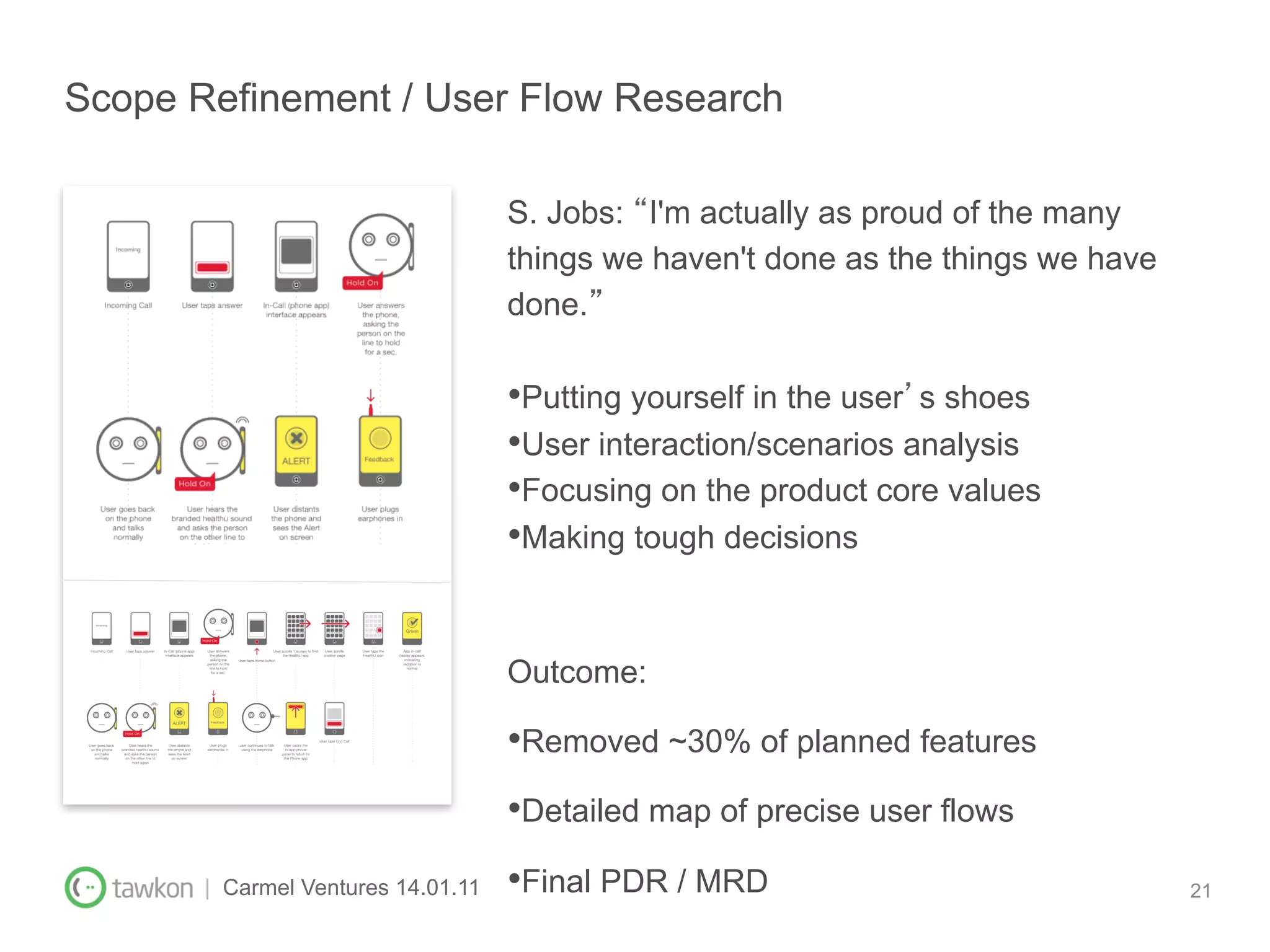 Scope Refinement / User Flow Research

                                    S. Jobs: I'm actually as proud of the many
                                    things we haven't done as the things we have
                                    done.

                                    • Putting yourself in the user s shoes
                                    • User interaction/scenarios analysis
                                    • Focusing on the product core values
                                    • Making tough decisions


                                    Outcome:

                                    • Removed ~30% of planned features
                                    • Detailed map of precise user flows
       | Carmel Ventures 14.01.11   • Final PDR / MRD                              21
 
