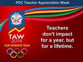 PDC Teacher Appreciation Week

Teachers
don't impact
for a year, but
for a lifetime.

 