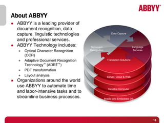 About ABBYY
   ABBYY is a leading provider of
    document recognition, data
    capture, linguistic technologies                       Data Capture

    and professional services.
   ABBYY Technology includes:           Document                               Language
    ●   Optical Character Recognition   Recognition                              Services

        (OCR)
    ●   Adaptive Document Recognition                   Translation Solutions

        Technology™ (ADRT™)
    ●   PDF transformation
    ●   Layout analysis                                 Server, Cloud & Web
   Organizations around the world
    use ABBYY to automate time
                                                         Desktop Computer
    and labor-intensive tasks and to
    streamline business processes.                    Mobile and Embedded OS




                                                                                            18
 