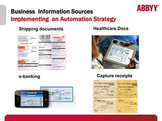 Business Information Sources
Implementing an Automation Strategy
  Shipping documents       Healthcare Docs




  e-banking                 Capture receipts
 