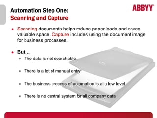 Automation Step One:
Scanning and Capture
   Scanning documents helps reduce paper loads and saves
    valuable space. Capture includes using the document image
    for business processes.

   But…
    ● The data is not searchable

    ● There is a lot of manual entry

    ● The business process of automation is at a low level

    ● There is no central system for all company data
 