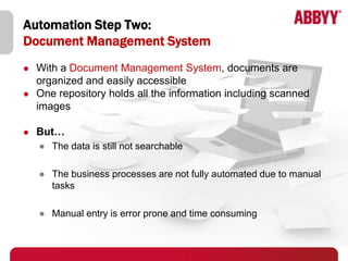 Automation Step Two:
Document Management System
   With a Document Management System, documents are
    organized and easily accessible
   One repository holds all the information including scanned
    images

   But…
    ● The data is still not searchable

    ● The business processes are not fully automated due to manual
      tasks

    ● Manual entry is error prone and time consuming
 