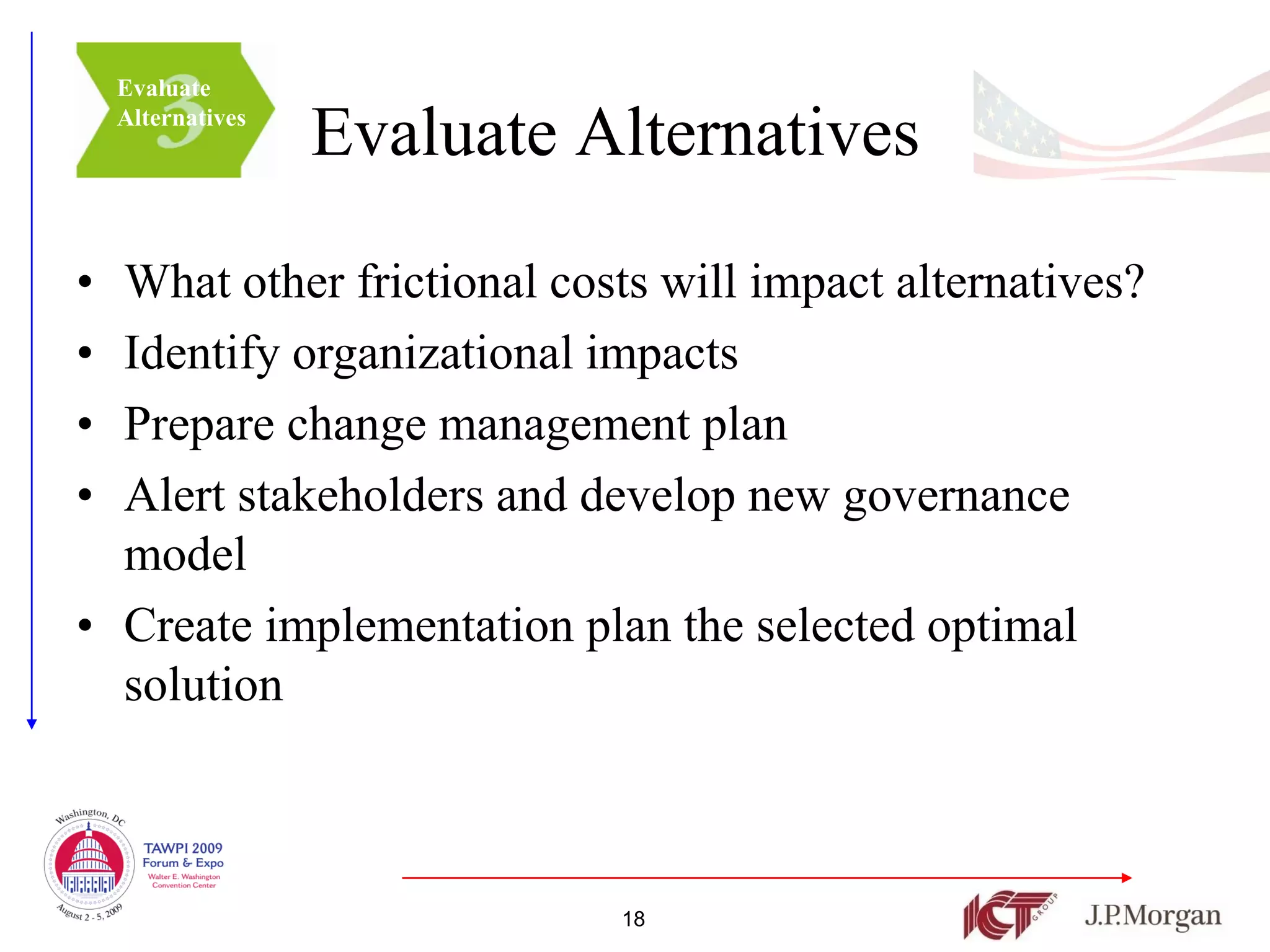 Evaluate
    Alternatives
                   Evaluate Alternatives

• What other frictional costs will impact alternatives?
• Identify organizational impacts
• Prepare change management plan
• Alert stakeholders and develop new governance
  model
• Create implementation plan the selected optimal
  solution



                             18
 
