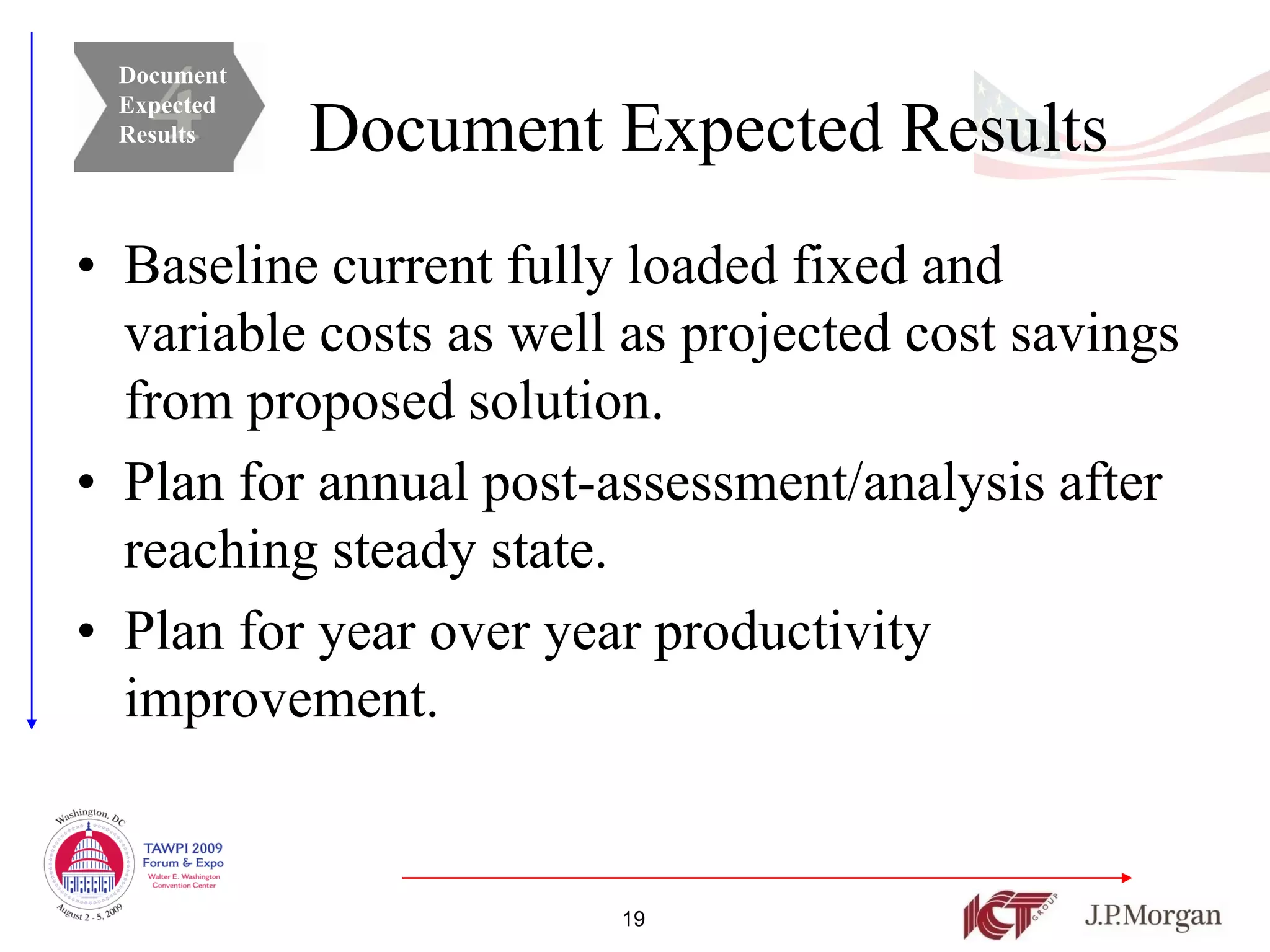 Document
 Expected
 Results    Document Expected Results
• Baseline current fully loaded fixed and
  variable costs as well as projected cost savings
  from proposed solution.
• Plan for annual post-assessment/analysis after
  reaching steady state.
• Plan for year over year productivity
  improvement.


                        19
 