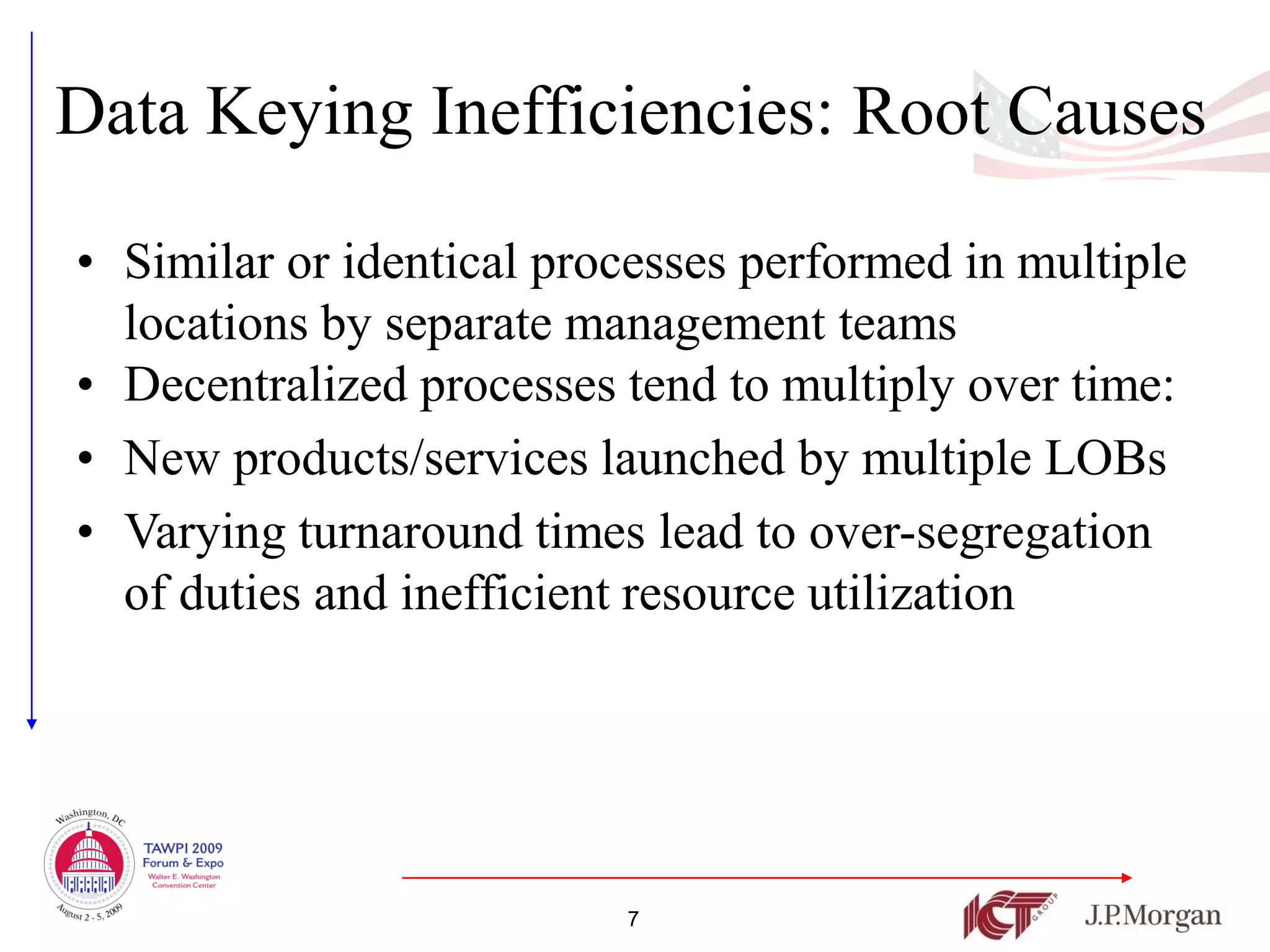 Data Keying Inefficiencies: Root Causes

• Similar or identical processes performed in multiple
  locations by separate management teams
• Decentralized processes tend to multiply over time:
• New products/services launched by multiple LOBs
• Varying turnaround times lead to over-segregation
  of duties and inefficient resource utilization




                          7
 