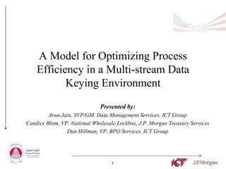 A Model for Optimizing Process
    Efficiency in a Multi-stream Data
           Keying Environment
                              Presented by:
         Arun Jain, SVP/GM, Data Management Services, ICT Group
Candice Blom, VP, National Wholesale Lockbox, J.P. Morgan Treasury Services
                Dan Hillman, VP, BPO Services, ICT Group




                                   1
 