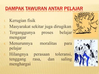DAMPAK TAWURAN ANTAR PELAJAR 
1. Kerugian fisik 
2. Masyarakat sekitar juga dirugikan 
3. Terganggunya proses belajar 
mengajar 
4. Menurunnya moralitas para 
pelajar 
5. Hilangnya perasaan toleransi, 
tenggang rasa, dan saling 
menghargai 
 