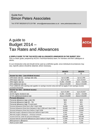 Guide from
Simon Peters Associates
Tel: 07787 565250/01273 231796 simon@petersassociates.co.uk www.petersassociates.co.uk
A guide to
Budget 2014 –
Tax Rates and Allowances
A SIMPLE GUIDE TO THE TAX RATES AND ALLOWANCES ANNOUNCED IN THE BUDGET 2014
This is a basic guide, prepared by ACCA’s Technical Advisory team, for members and their colleagues or
clients.
It is an introduction only and should not be used as a definitive guide, since individual circumstances may
vary. Specific advice should be obtained, where necessary.
2014/15 2013/14
£ £
Income tax rates - (non-dividend income)
10% lower rate tax - savings rate only Up to 2,880 Up to 2,790
20% basic rate tax Up to 31,865 Up to 32,010
40% higher rate tax 31,866 - 150,000 32,011 - 150,000
45% additional rate tax Above £150,000 Above £150,000
From 2008-09 10% starting rate applies to savings income only and will not apply if non-savings income
exceeds threshold.
Income tax rates - (dividend income)
10% rate Up to 31,865 Up to 32,010
32.5% higher dividend rate 31,866 - 150,000 32,011 - 150,000
37.5% additional dividend rate Above £150,000 Above £150,000
Personal allowances
Personal allowance (age under 65) N/A N/A
Personal allowance (age 65 - 74) N/A N/A
Personal allowance (age 75 and over) N/A N/A
Personal allowance those born after 5 April 1948 10,000 9,440
Personal allowance those born between 6 April 1938 and 5 April 1948 10,500 10,500
Personal allowance those born before 5 April 1938 10,660 10,660
Married couple’s allowance those born before 6 April 1935 8,165 7,915
Married couple’s allowance – minimum amount 3,140 3,040
Income limit for under 65 personal allowance 100,000 100,000
Income limit for personal allowances (born before 6 April 1948) 27,000 26,100
Blind person's allowance 2,230 2,160
Rent-a-room relief 4,250 4,250
1
 