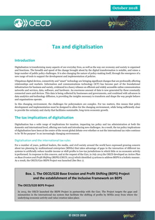 © OECD 2018
October 2018
Tax and digitalisation
Introduction
Digitalisation is transforming many aspects of our everyday l...