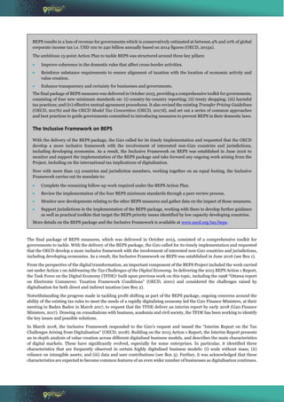 BEPS results in a loss of revenue for governments which is conservatively estimated at between 4% and 10% of global
corpor...