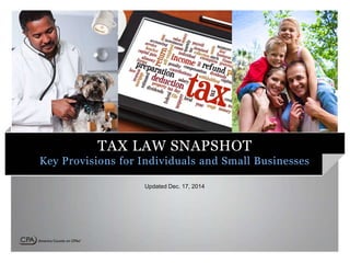 TAX LAW SNAPSHOT
Key Provisions for Individuals and Small Businesses
Updated Dec. 17, 2014
 