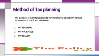 1. TAX PLANNING
2. TAX AVOIDANCE
3. TAX EVASION
Method of Tax planning
The avid goal of every taxpayers is to minimize his/her tax liability. Here are
three common practice to save taxes:-
 