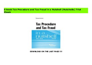 DOWNLOAD ON THE LAST PAGE !!!!
Download Here https://ebooklibrary.solutionsforyou.space/?book=1634599322 Reliable source on tax procedure and tax fraud helps bridge the gap between understanding substantive code provisions and preparing to represent a taxpayer in an Internal Revenue Service (IRS) dispute. Coverage includes IRS and treasury rulemaking ethics issues of tax practice confidentiality and disclosure audits and administrative appeals statute of limitations litigation considerations penalties and collection process liability investigation and tax crimes. Read Online PDF Tax Procedure and Tax Fraud in a Nutshell (Nutshells) Download PDF Tax Procedure and Tax Fraud in a Nutshell (Nutshells) Read Full PDF Tax Procedure and Tax Fraud in a Nutshell (Nutshells)
E-book Tax Procedure and Tax Fraud in a Nutshell (Nutshells) Trial
Ebook
 