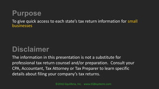 Purpose
To give quick access to each state’s tax return information for small
businesses
©2016 Equilibria, Inc. www.EQBsys...