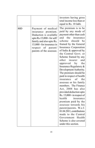 41
investors having gross
total income less than or
equal to Rs. 10 lakh.
The premium is to be
paid by any mode of
payment other than cash
and the insurance
scheme should be
framed by the General
Insurance Corporation
of India & approved by
the Central Govt. or
Scheme framed by any
other insurer and
approved by the
Insurance Regulatory &
DevelopmentAuthority.
The premium should be
paid in respect of health
insurance of the
assessee or his family
members. The Finance
Act, 2008 has also
provided deduction upto
Rs. 15,000/- in respect of
health insurance
premium paid by the
assessee towards his
parent/parents. W.e.f.
01.04.2011,contributions
made to the Central
Government Health
Scheme is also covered
under this section.
80D Payment of medical
insurance premium.
Deduction is available
upto Rs.15,000/- for self/
family and also upto Rs.
15,000/- for insurance in
respect of parent/
parents of the assessee.
 