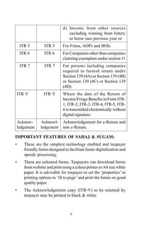d) Income from other sources
excluding winning from lottery
or horse race previous year or
ITR 5 ITR 5 For Firms, AOPs and BOIs
ITR 6 ITR 6 For Companies other than companies
claiming exemption under section 11
ITR 7 ITR 7 For persons including companies
required to furnish return under
Section 139 (4A) or Section 139 (4B)
or Section 139 (4C) or Section 139
(4D).
ITR V ITR V Where the date of the Return of
Income/Fringe Benefits in Form ITR-
1, ITR-2, ITR-3, ITR-4, ITR-5, ITR-
6 is transmitted electronically without
digital signature.
Acknow- Acknowl- Acknowledgement for e-Return and
ledgement ledgement non e-Return.
IMPORTANT FEATURES OF SAHAJ & SUGAM:
• These are the simplest technology enabled and taxpayer
friendly forms designed to facilitate faster digitalization and
speedy processing.
• These are coloured forms. Taxpayers can download forms
from website and print using a colour printer orA4 size white
paper. It is advisable for taxpayer to set the ‘properties’ in
printing options to ‘fit to page’ and print the forms on good
quality paper.
• The Acknowledgement copy (ITR-V) to be retained by
taxpayer may be printed in black & white.
6
 