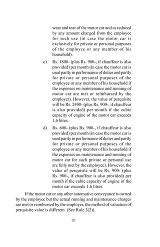 wear and tear of the motor car and as reduced
by any amount charged from the employee
for such use (in case the motor car is
exclusively for private or personal purposes
of the employee or any member of his
household).
c) Rs. 1800- (plus Rs. 900-, if chauffeur is also
provided) per month (in case the motor car is
used partly in performance of duties and partly
for private or personal purposes of the
employee or any member of his household if
the expenses on maintenance and running of
motor car are met or reimbursed by the
employer). However, the value of perquisite
will be Rs. 2400- (plus Rs. 900-, if chauffeur
is also provided) per month if the cubic
capacity of engine of the motor car exceeds
1.6 litres.
d) Rs. 600- (plus Rs. 900-, if chauffeur is also
provided) per month (in case the motor car is
used partly in performance of duties and partly
for private or personal purposes of the
employee or any member of his household if
the expenses on maintenance and running of
motor car for such private or personal use
are fully met by the employee). However, the
value of perquisite will be Rs. 900- (plus
Rs. 900-, if chauffeur is also provided) per
month if the cubic capacity of engine of the
motor car exceeds 1.6 litres.
If the motor car or any other automotive conveyance is owned
by the employee but the actual running and maintenance charges
are met or reimbursed by the employer, the method of valuation of
perquisite value is different. (See Rule 3(2)).
20
 