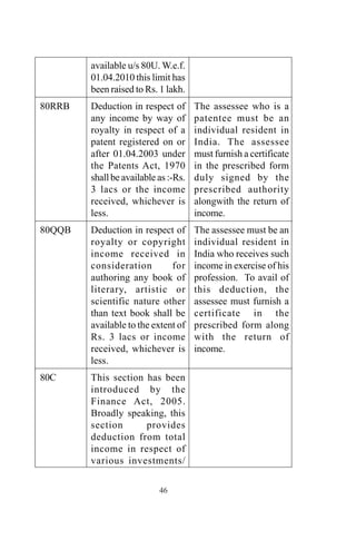46
80RRB
80QQB
80C
available u/s 80U. W.e.f.
01.04.2010 this limit has
been raised to Rs. 1 lakh.
Deduction in respect of
any income by way of
royalty in respect of a
patent registered on or
after 01.04.2003 under
the Patents Act, 1970
shall be available as :-Rs.
3 lacs or the income
received, whichever is
less.
Deduction in respect of
royalty or copyright
income received in
consideration for
authoring any book of
literary, artistic or
scientific nature other
than text book shall be
available to the extent of
Rs. 3 lacs or income
received, whichever is
less.
This section has been
introduced by the
Finance Act, 2005.
Broadly speaking, this
section provides
deduction from total
income in respect of
various investments/
The assessee who is a
patentee must be an
individual resident in
India. The assessee
must furnish a certificate
in the prescribed form
duly signed by the
prescribed authority
alongwith the return of
income.
The assessee must be an
individual resident in
India who receives such
income in exercise of his
profession. To avail of
this deduction, the
assessee must furnish a
certificate in the
prescribed form along
with the return of
income.
 