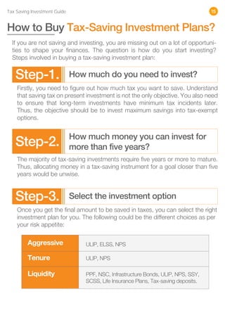 Tax Saving Investment Guide 15
If you are not saving and investing, you are missing out on a lot of opportuni-
ties to sha...