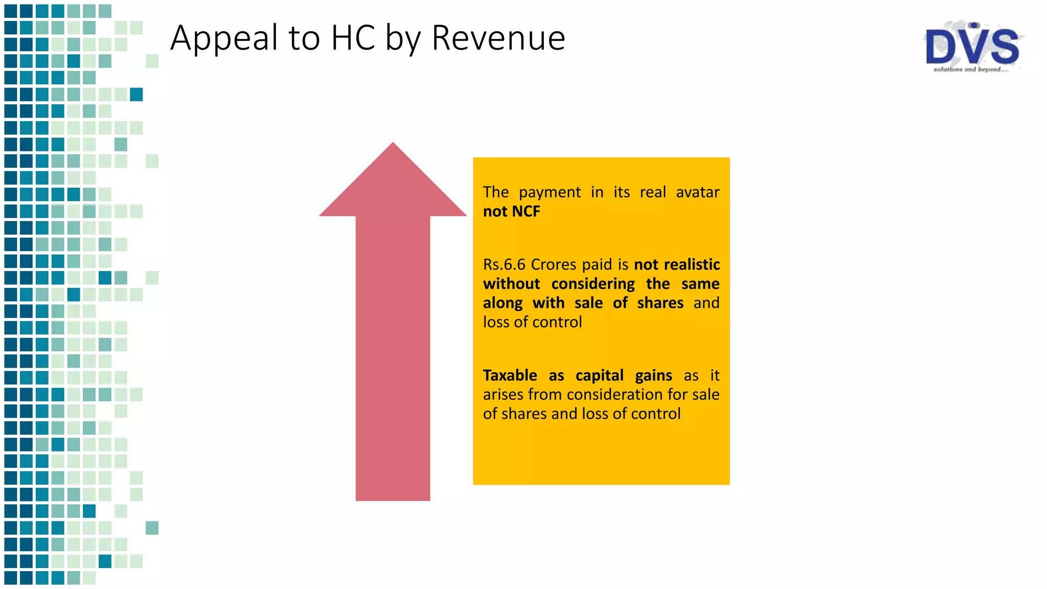 Appeal to HC by Revenue
The payment in its real avatar
not NCF
Rs.6.6 Crores paid is not realistic
without considering the same
along with sale of shares and
loss of control
Taxable as capital gains as it
arises from consideration for sale
of shares and loss of control
 