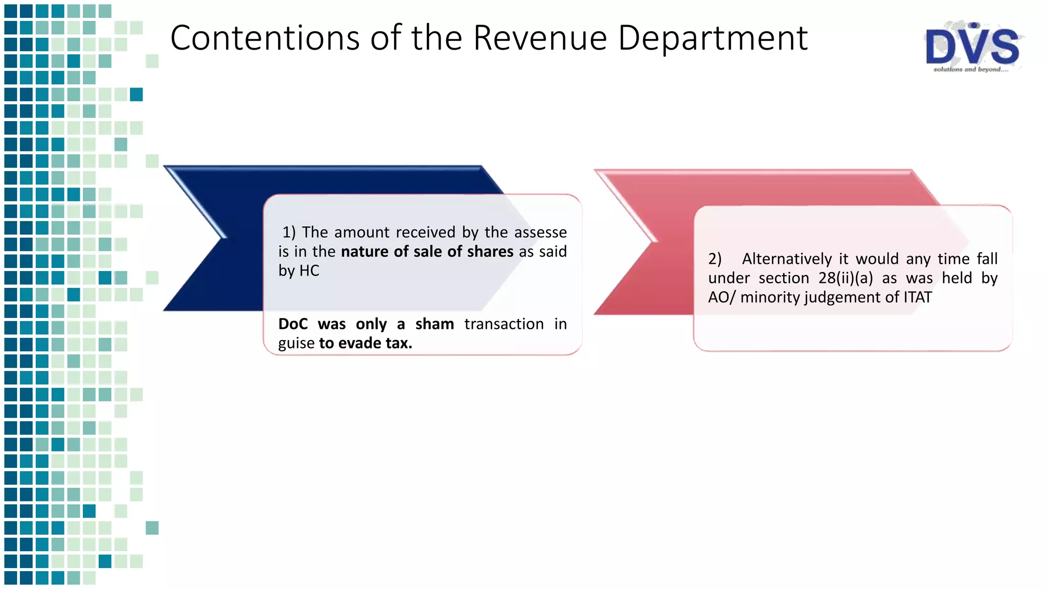 Contentions of the Revenue Department
1) The amount received by the assesse
is in the nature of sale of shares as said
by HC
DoC was only a sham transaction in
guise to evade tax.
2) Alternatively it would any time fall
under section 28(ii)(a) as was held by
AO/ minority judgement of ITAT
 