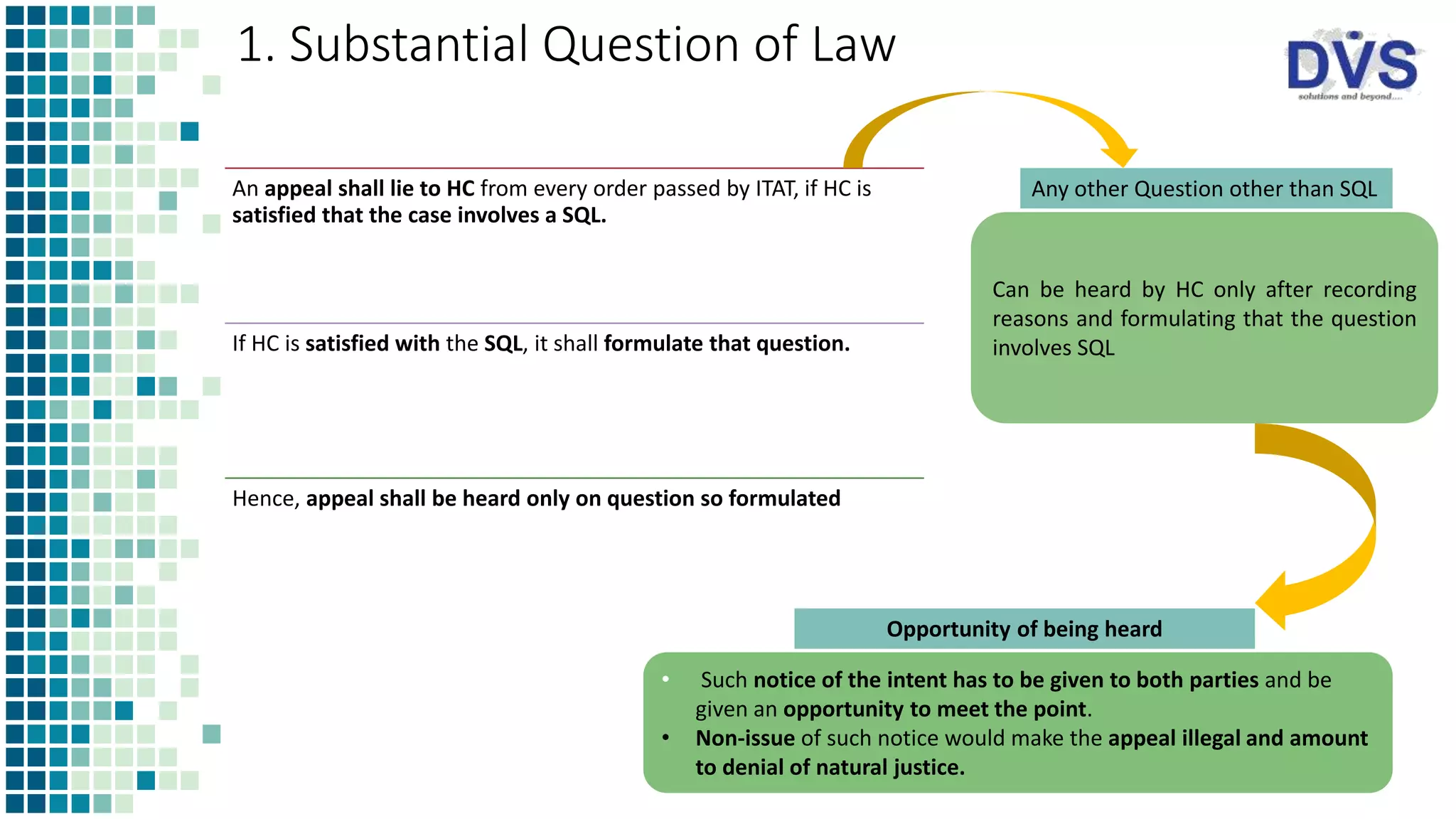 1. Substantial Question of Law
An appeal shall lie to HC from every order passed by ITAT, if HC is
satisfied that the case involves a SQL.
If HC is satisfied with the SQL, it shall formulate that question.
Hence, appeal shall be heard only on question so formulated
Can be heard by HC only after recording
reasons and formulating that the question
involves SQL
• Such notice of the intent has to be given to both parties and be
given an opportunity to meet the point.
• Non-issue of such notice would make the appeal illegal and amount
to denial of natural justice.
Any other Question other than SQL
Opportunity of being heard
 
